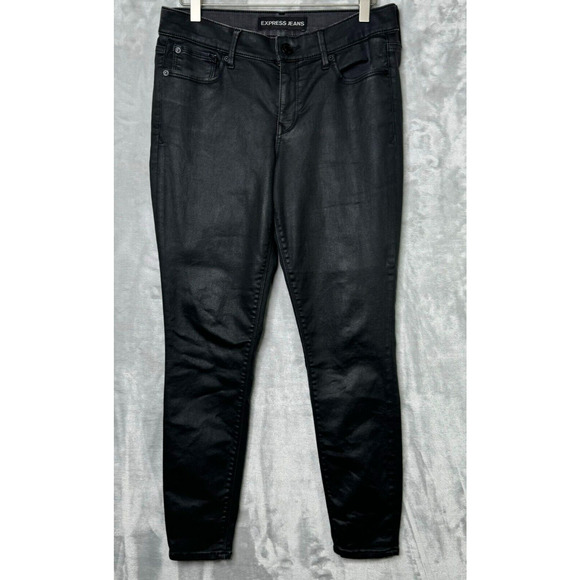 Express Legging Womens 8 Black Coated Ankle Length Mid Rise Stretch Pockets - Picture 1 of 10